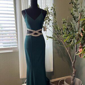 David's Bridal Hunter Green Sequined Waist Cutout Gown